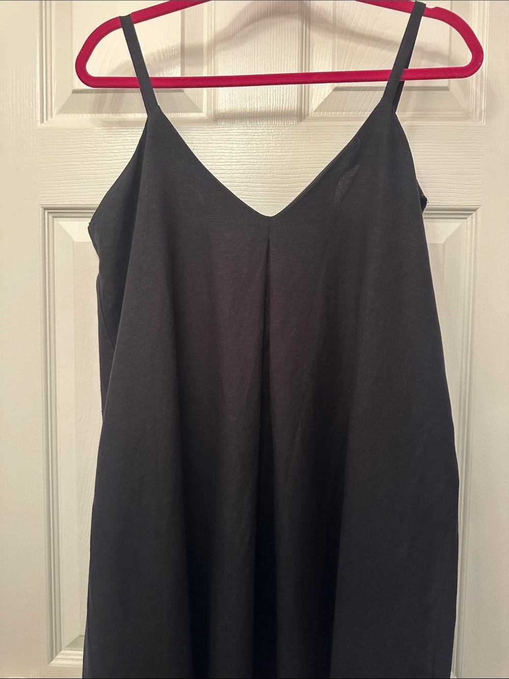 LOFT Black Linen V-Neck Spaghetti Strap Camisole Dress with Pleat Front